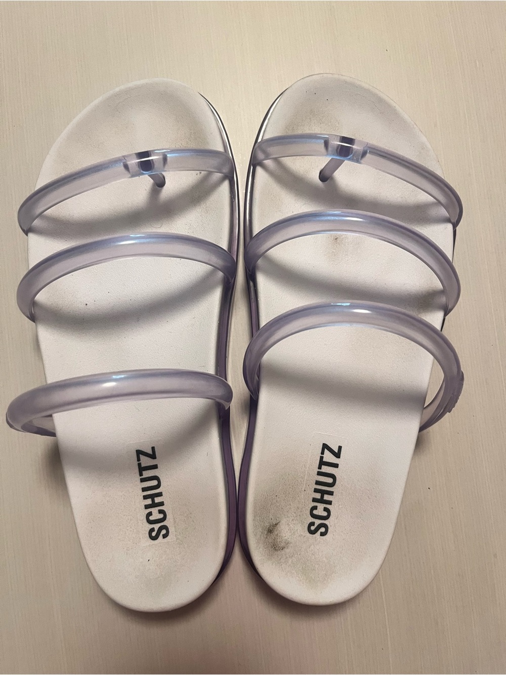 SCHUTZ Clear Lilac Triple-Strap Slide Sandals - Picture 1 of 4